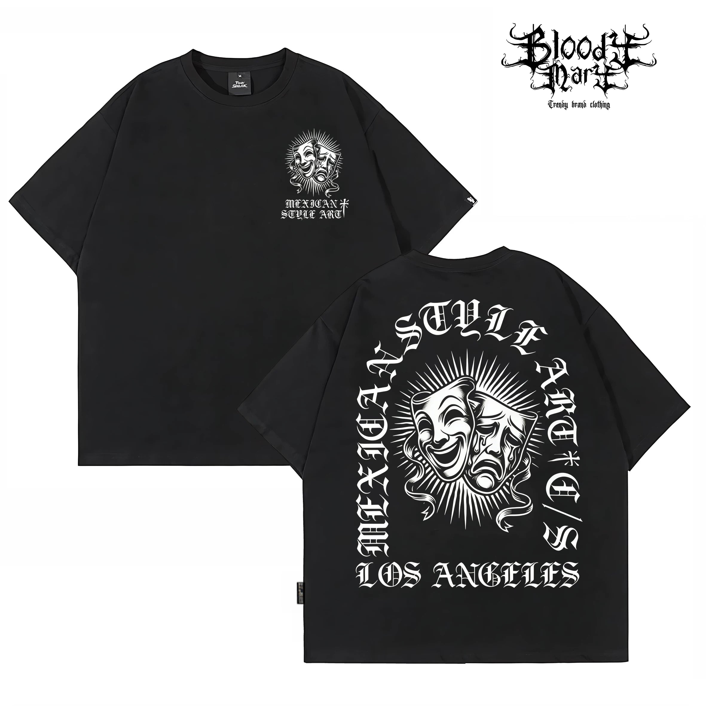 Chicano West Coast Flower Font Black Short sleeved T-shirt Men's Heavy Weight Cotton Loose High Street Print