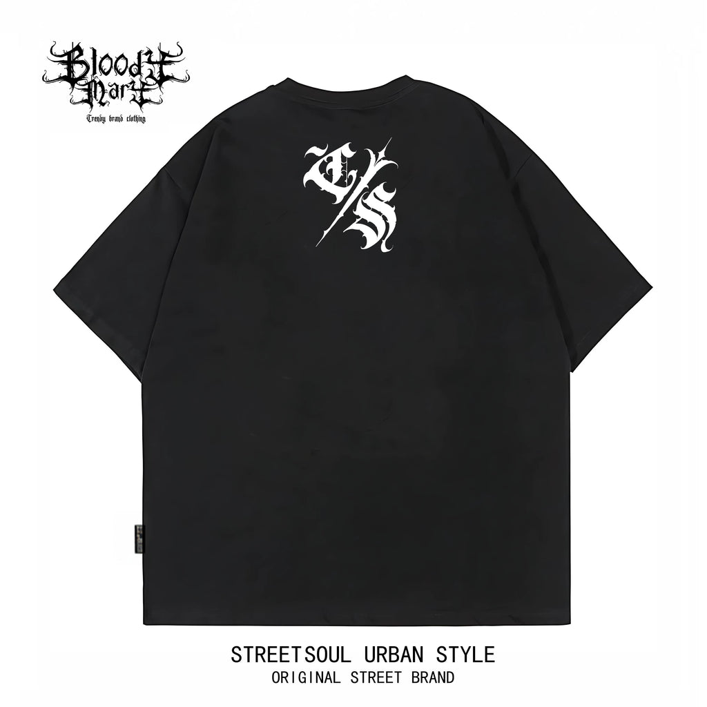 American West Coast floral font hip-hop style black short sleeved T-shirt men's loose shoulder letter printed street top