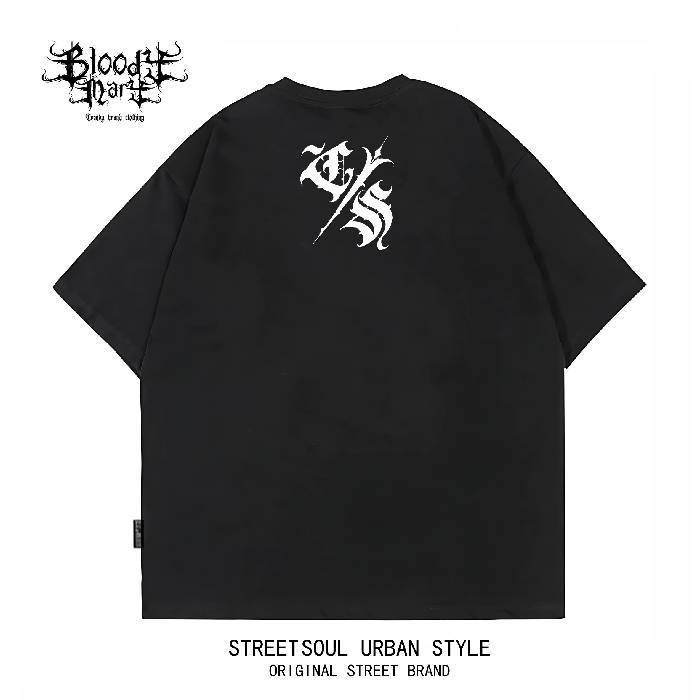 American West Coast floral font hip-hop style black short sleeved T-shirt men's loose shoulder letter printed street top