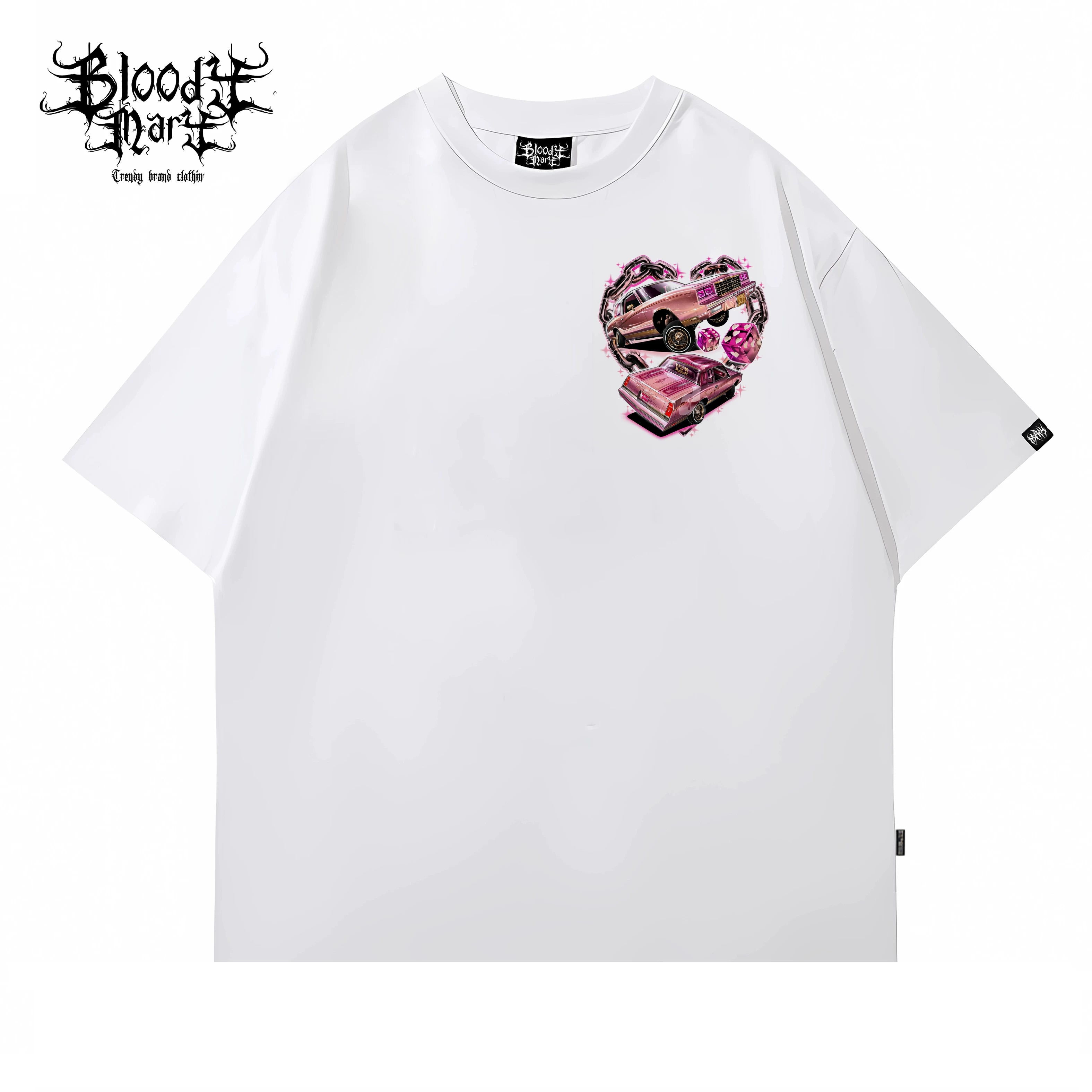 American style graffiti style Chicano car printed short sleeved T-shirt for men and women, loose black heavyweight pure cotton top