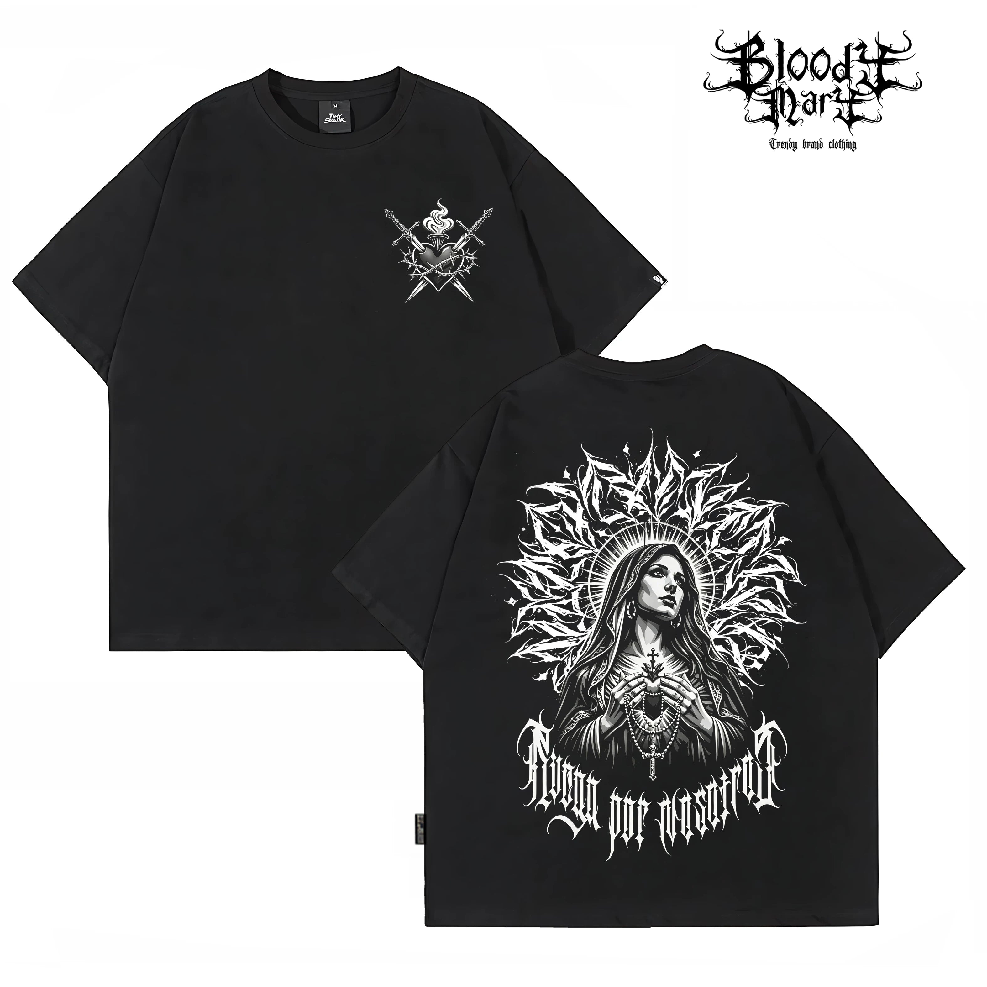 Original Trendy Black Short sleeved T-shirt for Men and Women, Loose Shoulder Printed Top, Dark Chicano Flower Font Ins Style