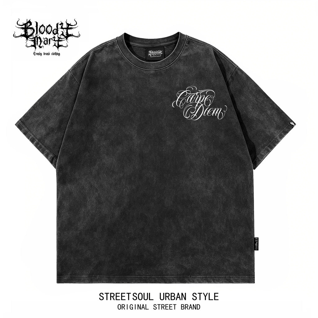 American hip-hop style heavyweight short sleeved pure cotton T-shirt men's loose floral print dark street fashion brand top