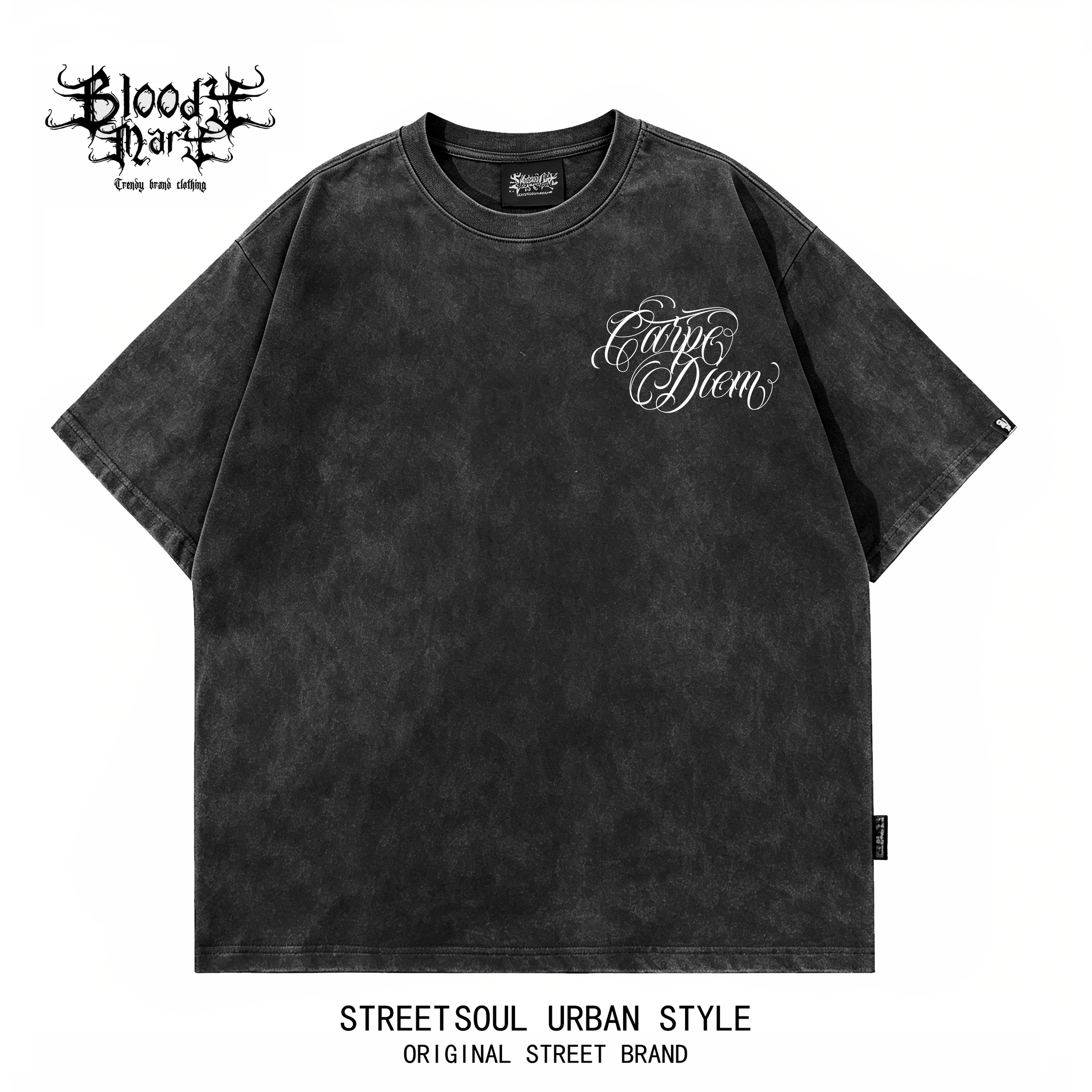 American hip-hop style heavyweight short sleeved pure cotton T-shirt men's loose floral print dark street fashion brand top