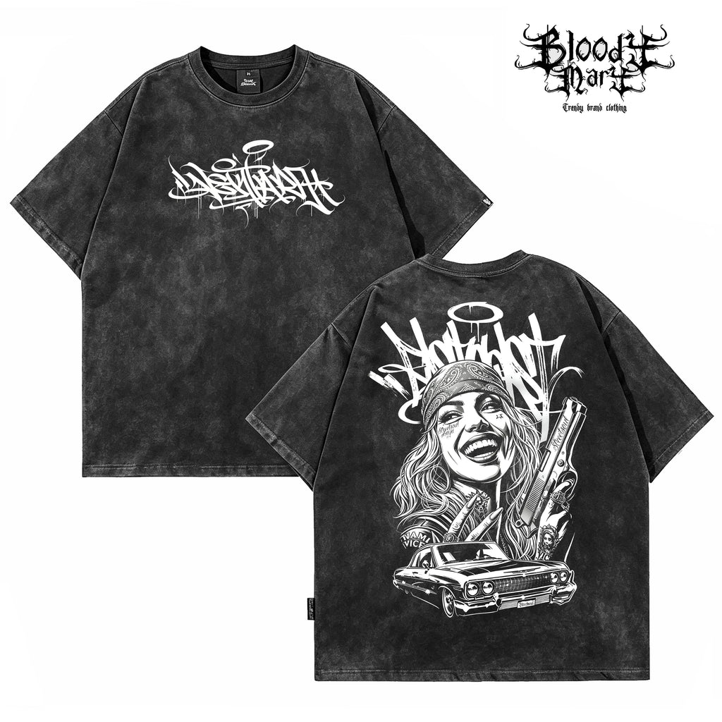 American street dark style printed short sleeved T-shirt for men, loose and heavyweight, niche trendy brand, vintage top, rugged and handsome, shoulder down