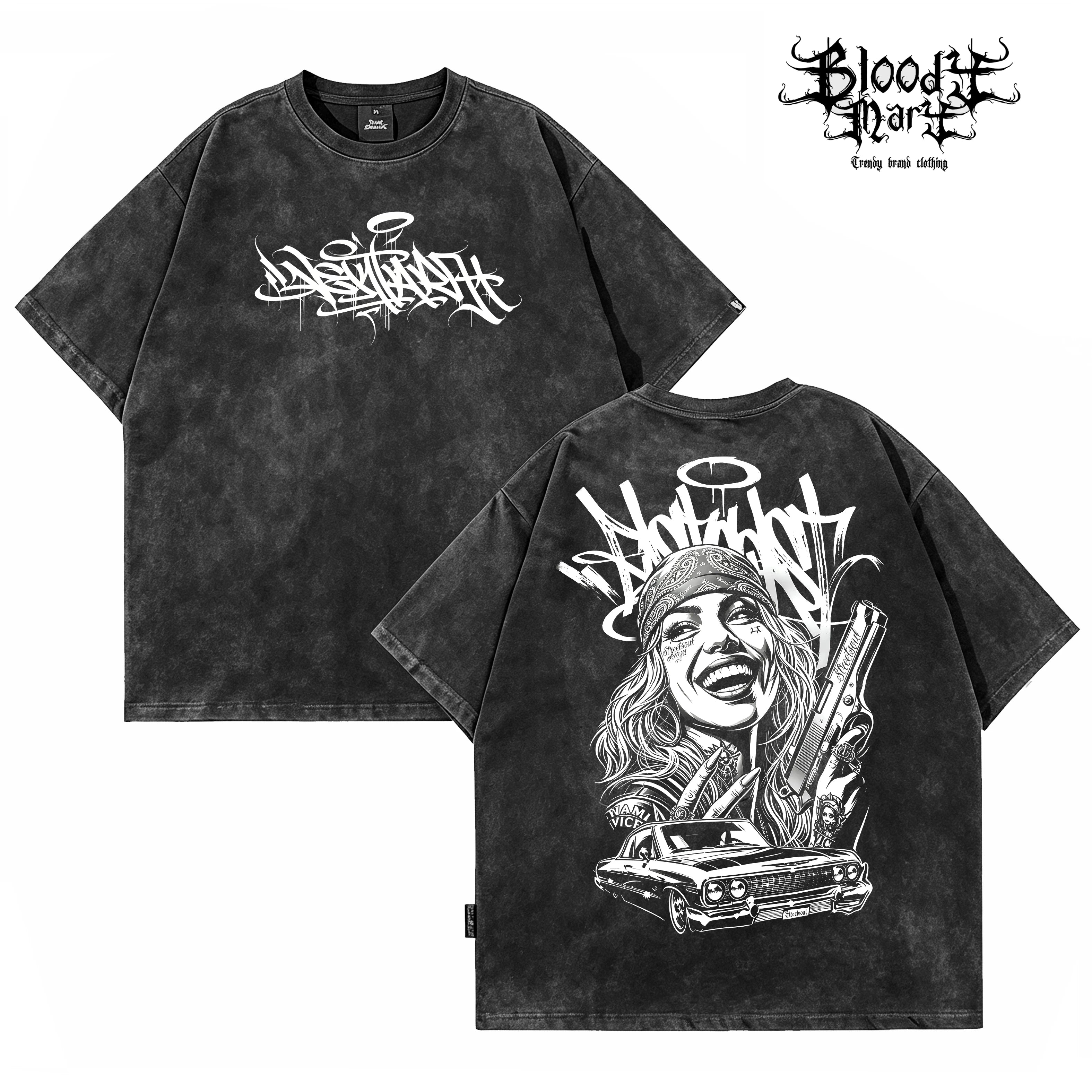 American street dark style printed short sleeved T-shirt for men, loose and heavyweight, niche trendy brand, vintage top, rugged and handsome, shoulder down