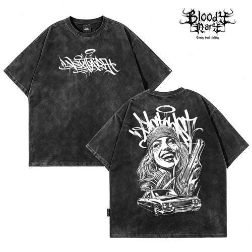 American street dark style printed short sleeved T-shirt for men, loose and heavyweight, niche trendy brand, vintage top, rugged and handsome, shoulder down