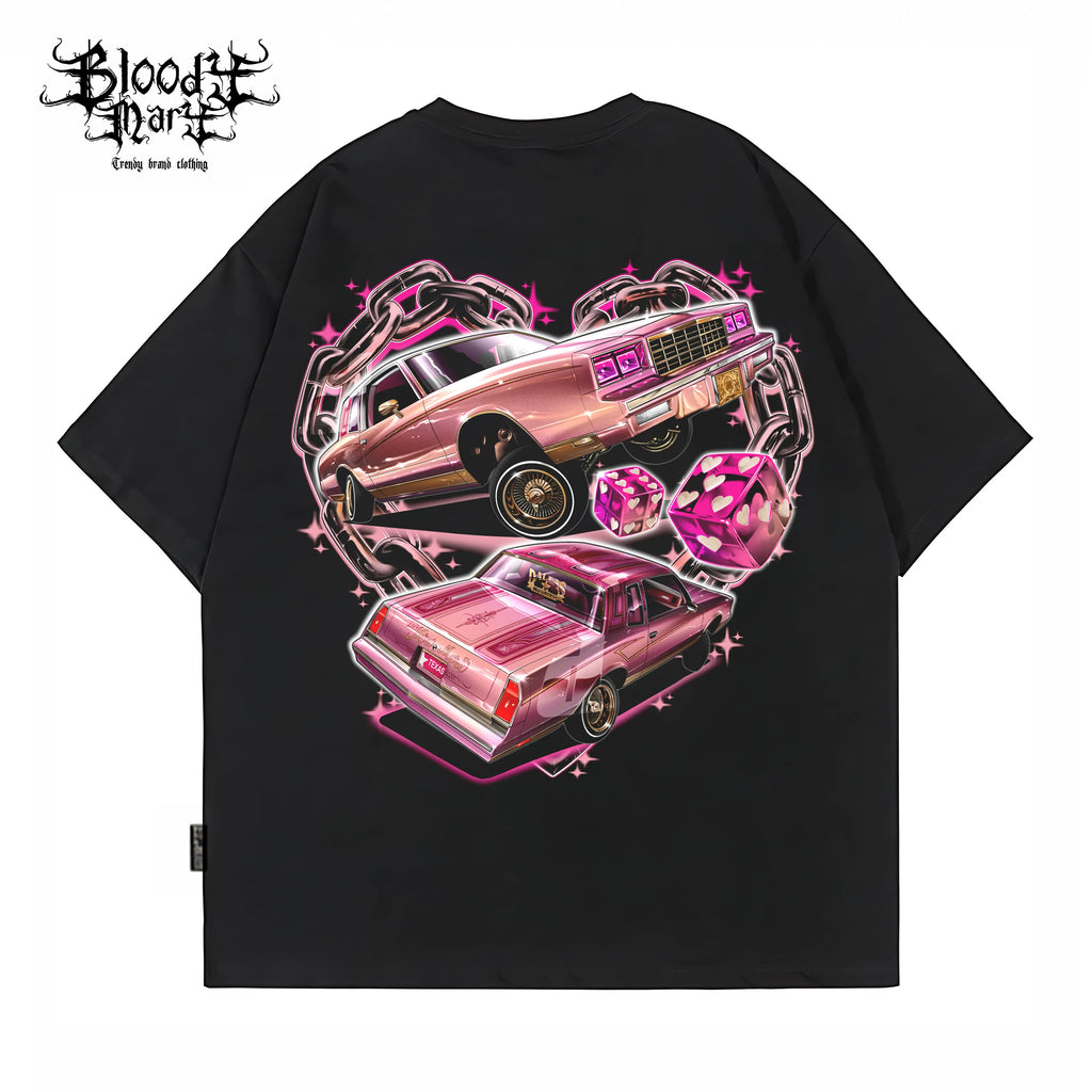 American style graffiti style Chicano car printed short sleeved T-shirt for men and women, loose black heavyweight pure cotton top