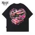 American style graffiti style Chicano car printed short sleeved T-shirt for men and women, loose black heavyweight pure cotton top
