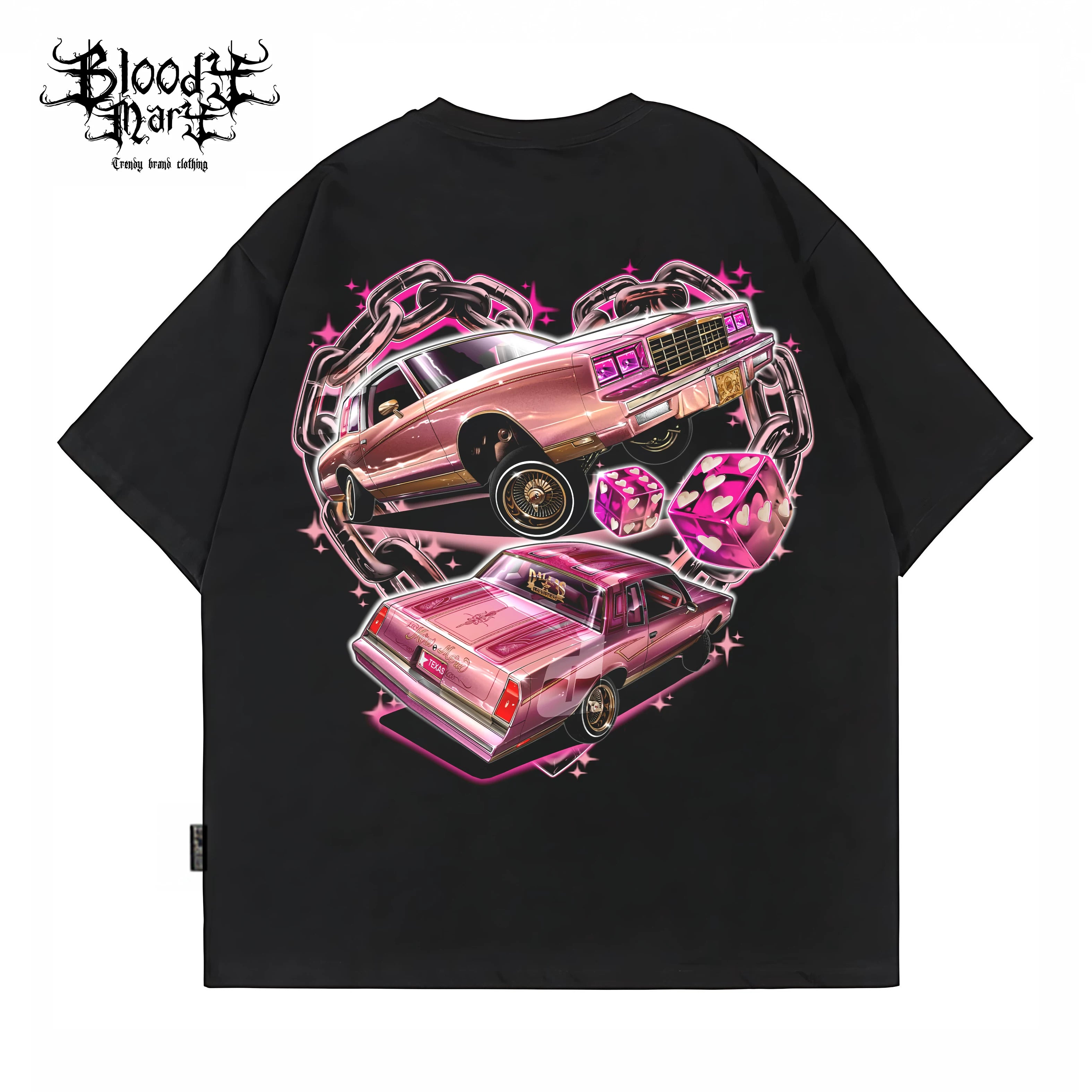 American style graffiti style Chicano car printed short sleeved T-shirt for men and women, loose black heavyweight pure cotton top