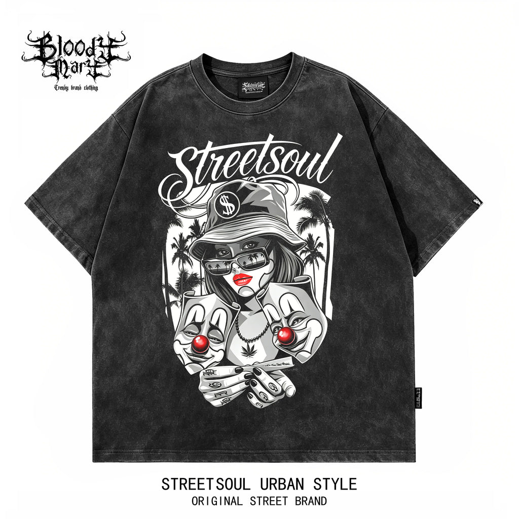 Retro American Street Feng Shui Washed Old Short sleeved T-shirt for Men and Women, Anime Printed Cotton Versatile Top, Trendy Style