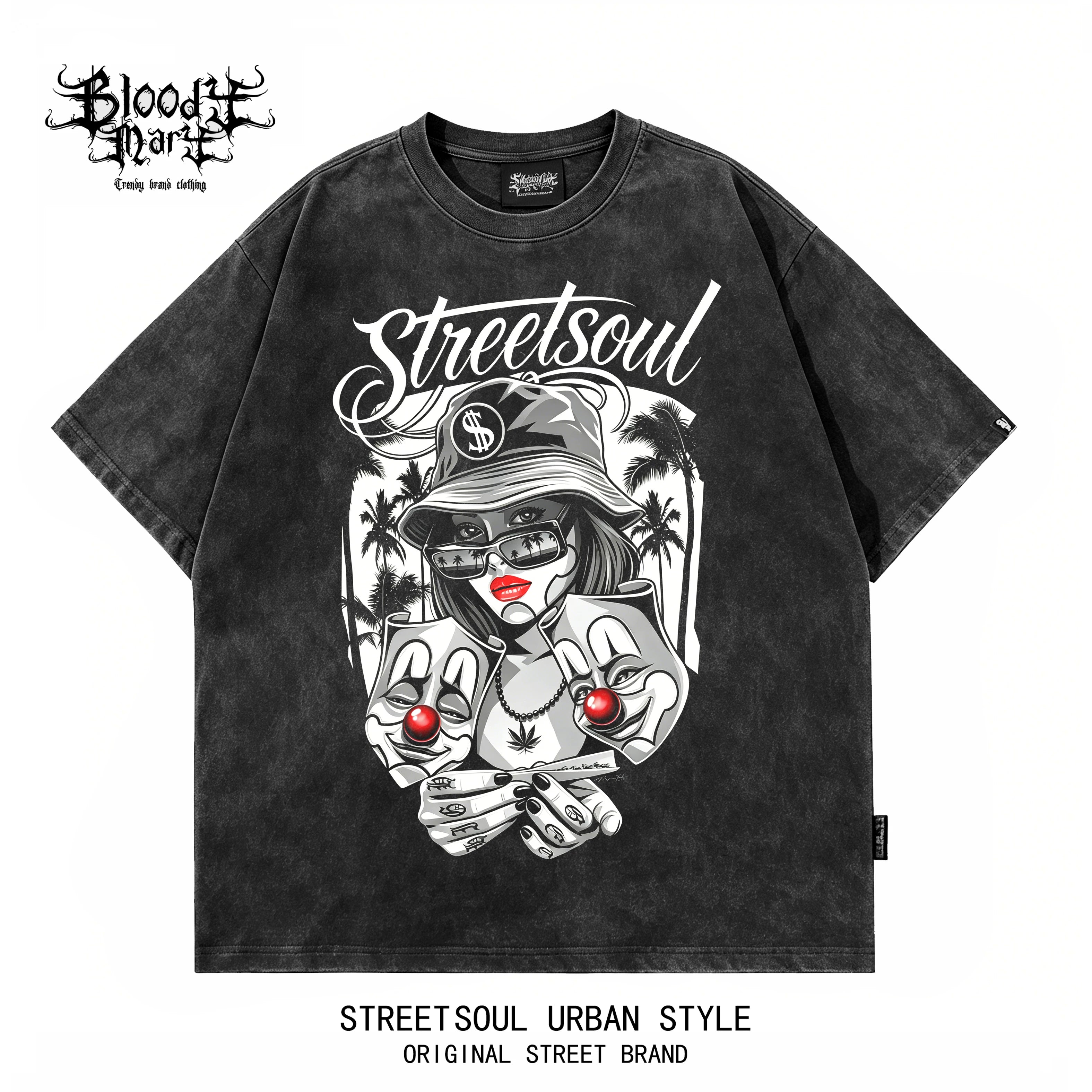 Retro American Street Feng Shui Washed Old Short sleeved T-shirt for Men and Women, Anime Printed Cotton Versatile Top, Trendy Style