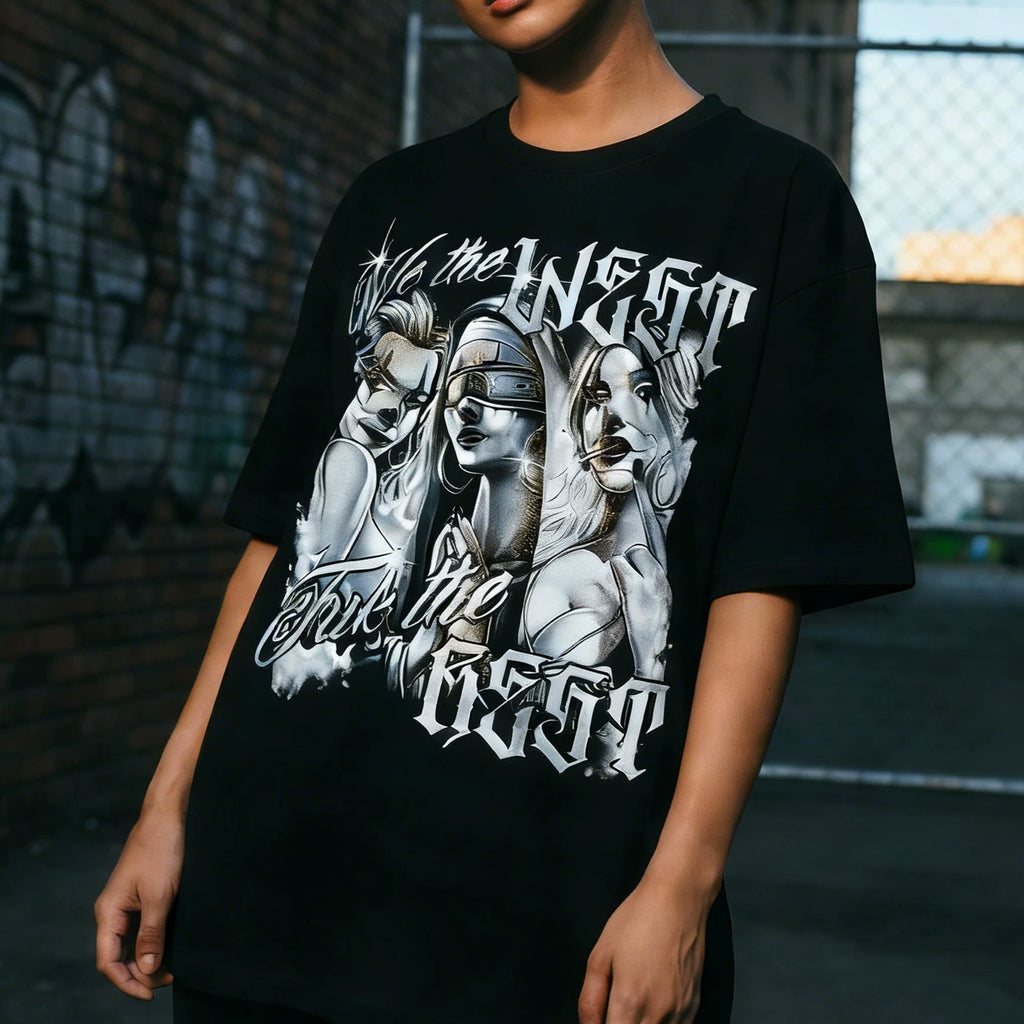 American original trendy brand hip-hop style black short sleeved T-shirt for men and women with heavy letter printing trendy brand gang Chicano