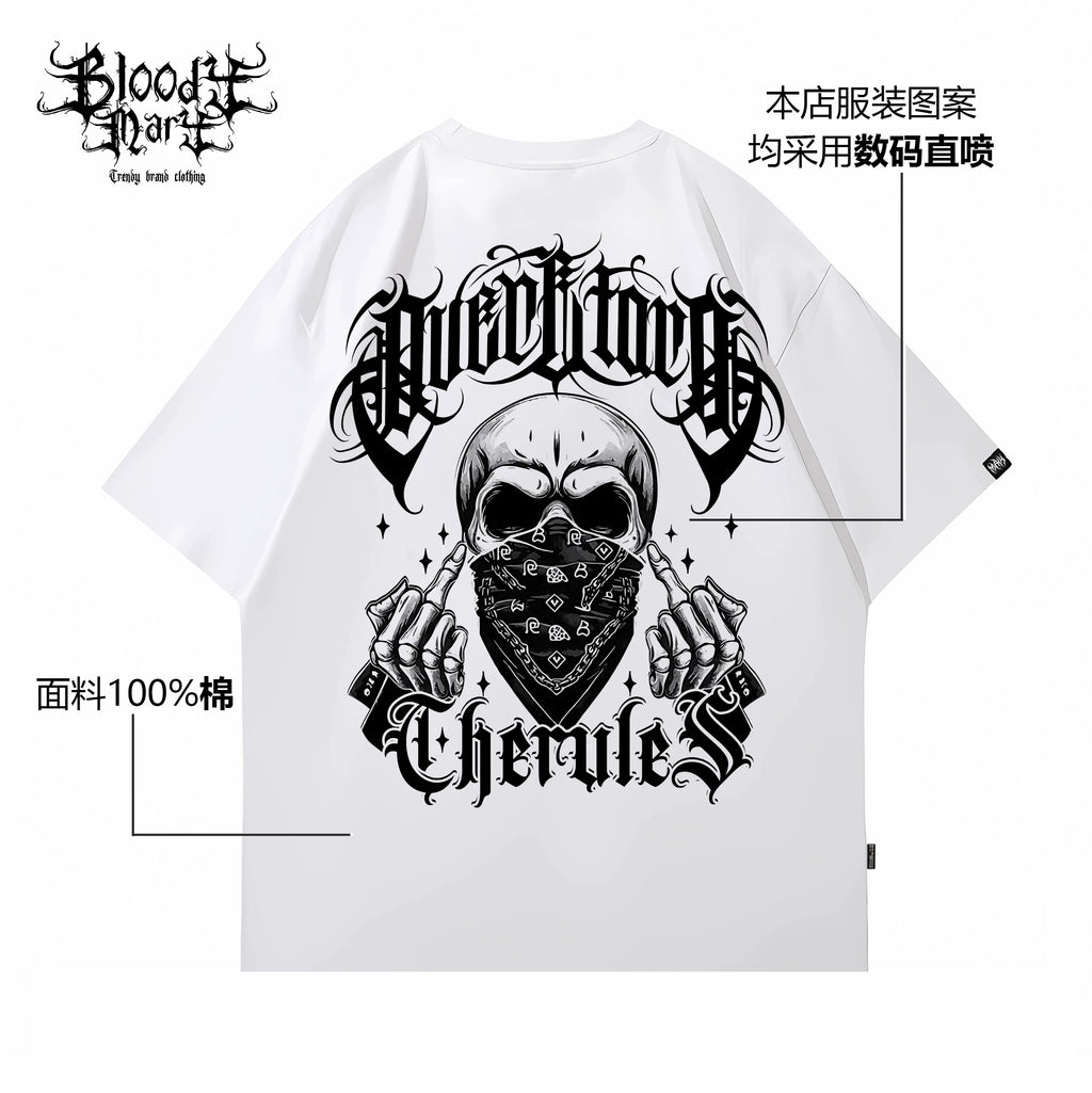 Original Trendy Brand American Skeleton Chicano Flower Font Short Sleeve Men's and Women's Loose Cotton Heavy Weight Niche Hip Hop T-shirt