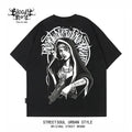 Trendy American Hip Hop Flower Font Black Short Sleeve T-shirt Loose Cotton Heavy Print Top Street West Coast