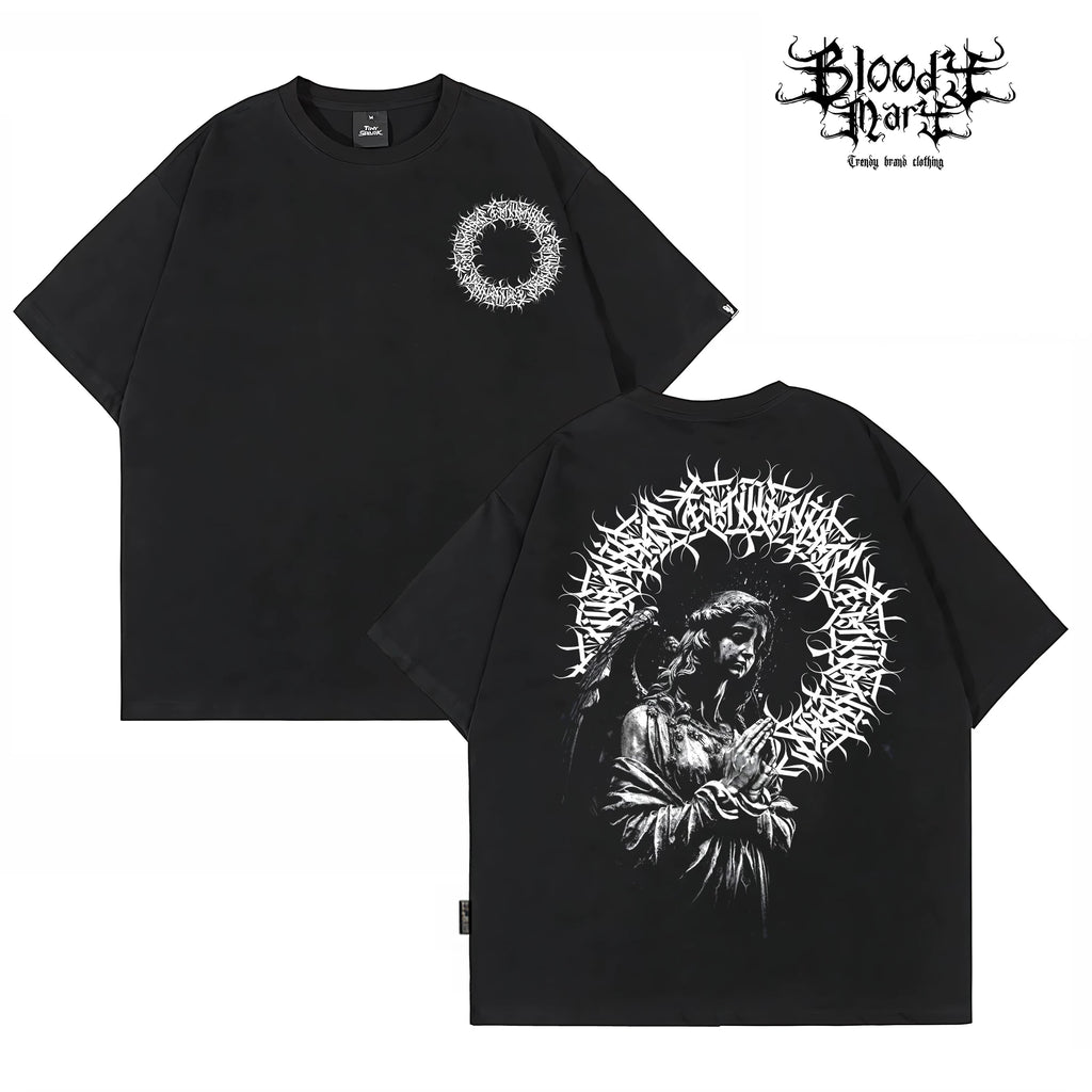 American West Coast floral font hip-hop style black short sleeved T-shirt men's dark style printed heavyweight pure cotton trendy brand