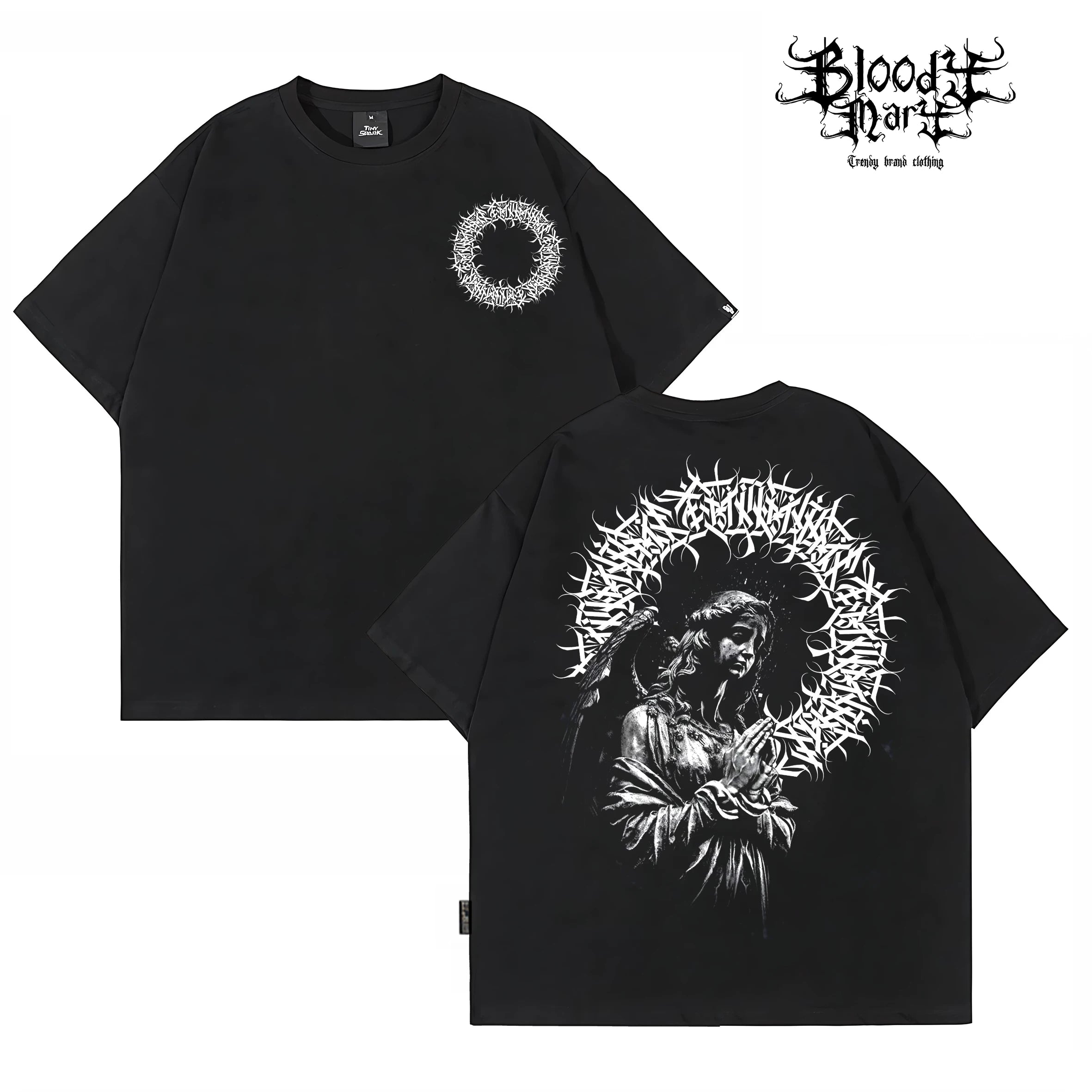 American West Coast floral font hip-hop style black short sleeved T-shirt men's dark style printed heavyweight pure cotton trendy brand