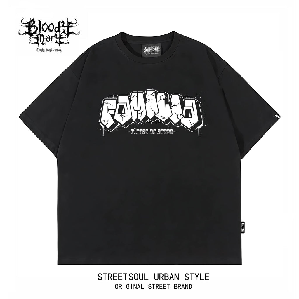 American Hip Hop Chicano Graffiti Flower Font Black Short Sleeve T-shirt Loose Heavy Cotton Rock Versatile Trendy Brand