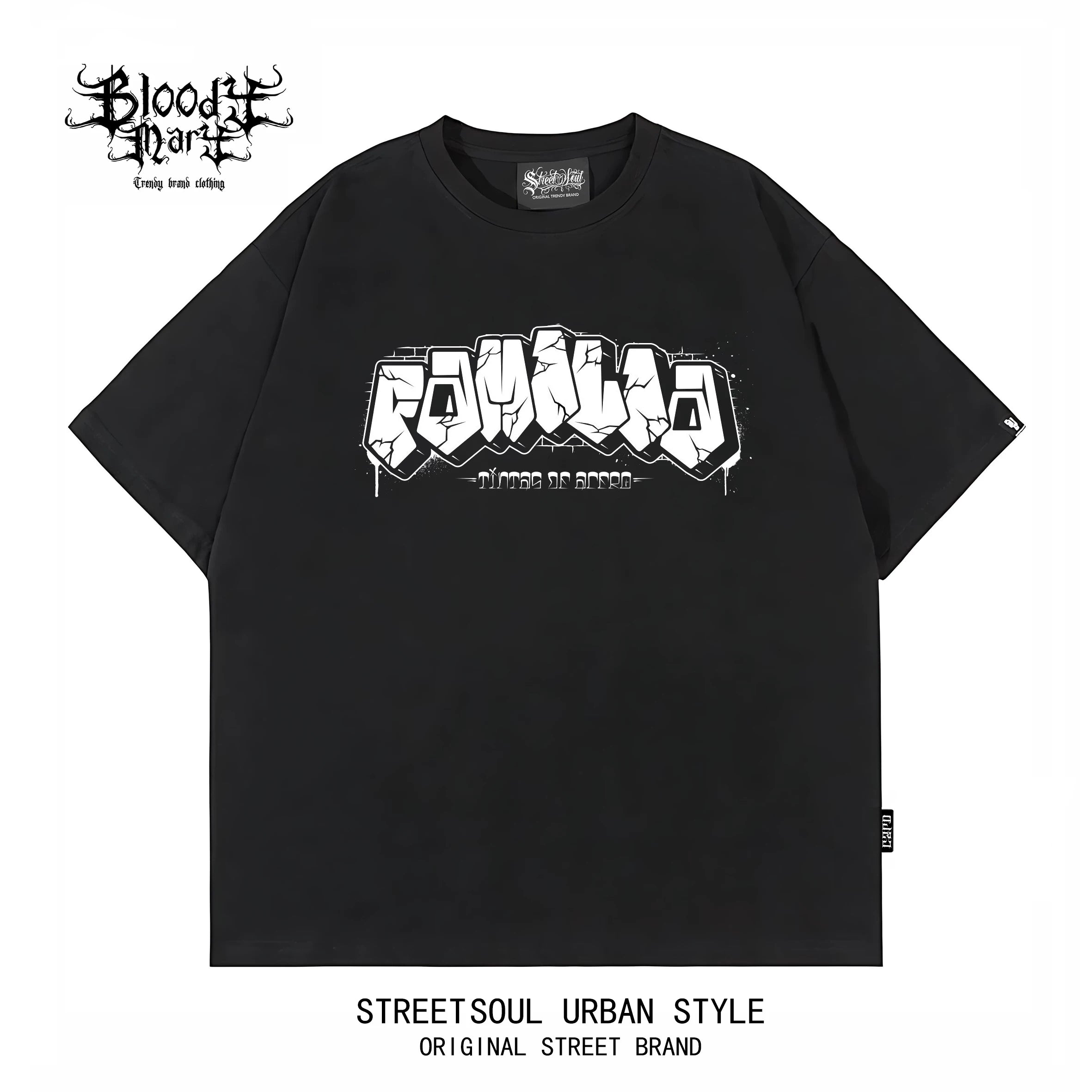 American Hip Hop Chicano Graffiti Flower Font Black Short Sleeve T-shirt Loose Heavy Cotton Rock Versatile Trendy Brand