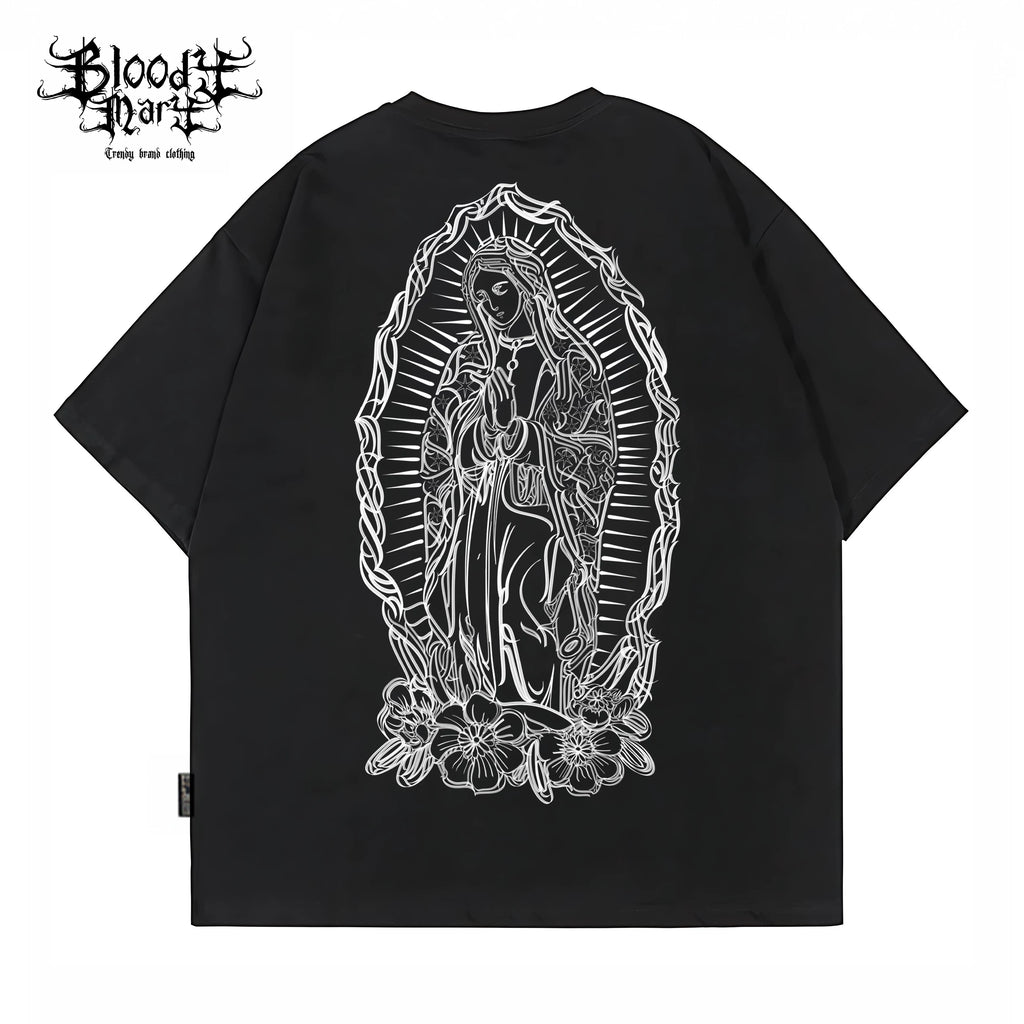 American West Coast Chicano Hip Hop Style Black Short Sleeve Round Neck T-shirt Loose Printed Top Trendy Brand Couple Style