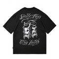Tattoo Chicano Flower Font Original HIPHOP Hip Hop English Mask Crying Smile American Heavy Weight Loose T-shirt