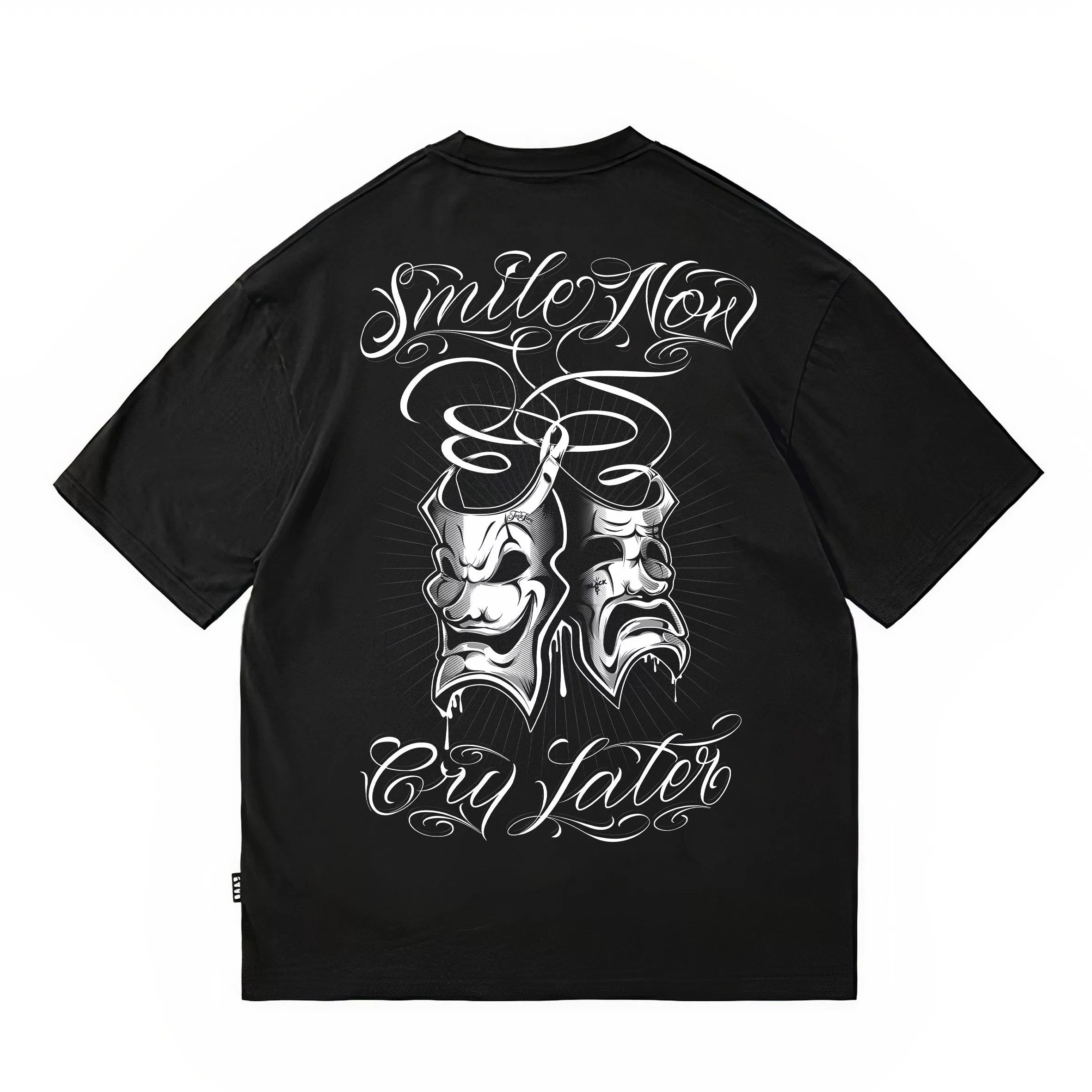Tattoo Chicano Flower Font Original HIPHOP Hip Hop English Mask Crying Smile American Heavy Weight Loose T-shirt