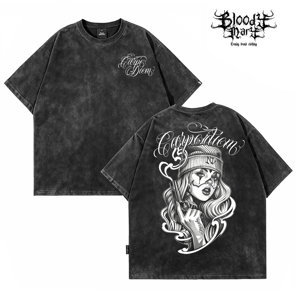 American hip-hop style heavyweight short sleeved pure cotton T-shirt men's loose floral print dark street fashion brand top