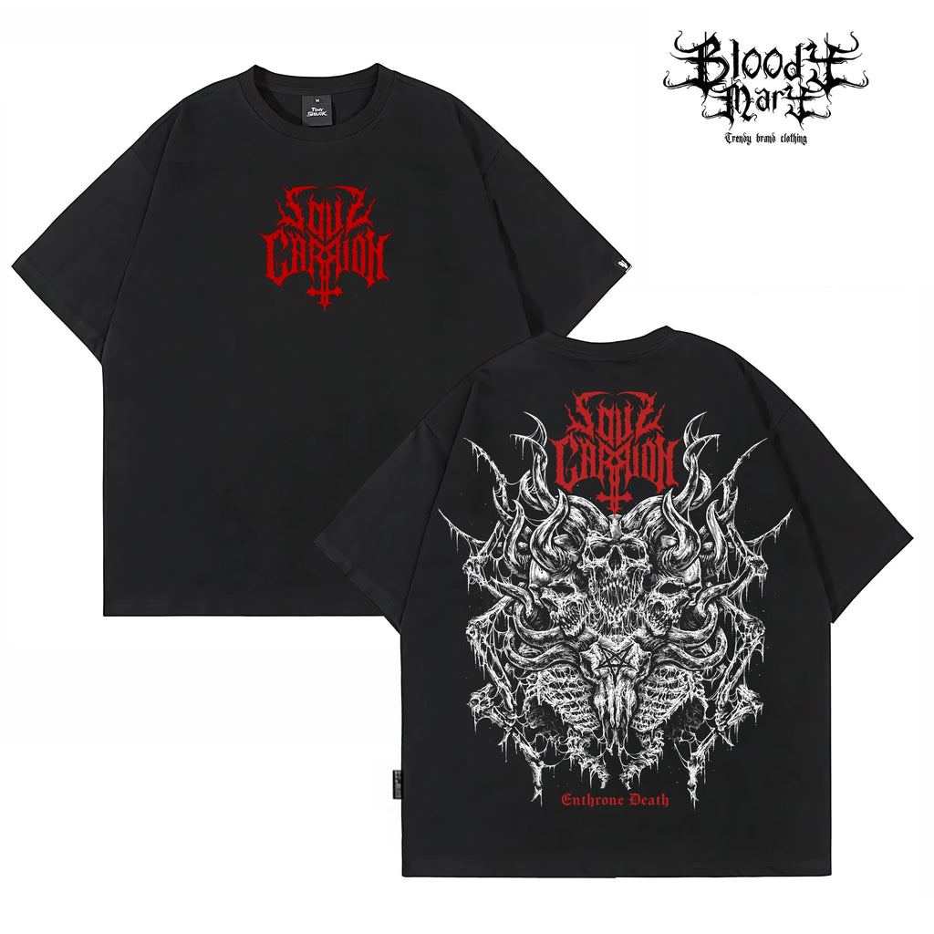 Dark style skull print short sleeved T-shirt for both men and women, loose street retro rock top