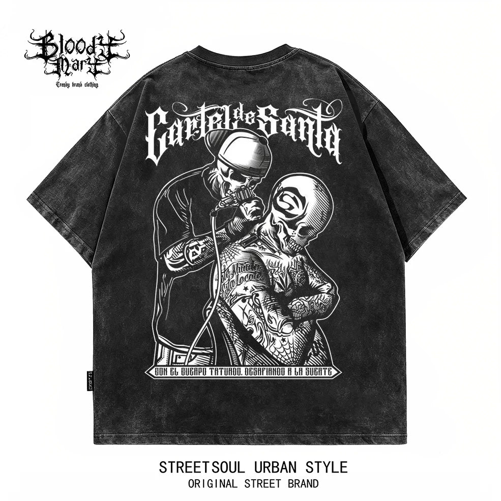 American hip-hop style skeleton tattoo artist floral print short sleeved T-shirt for men and women loose cotton Chicano street