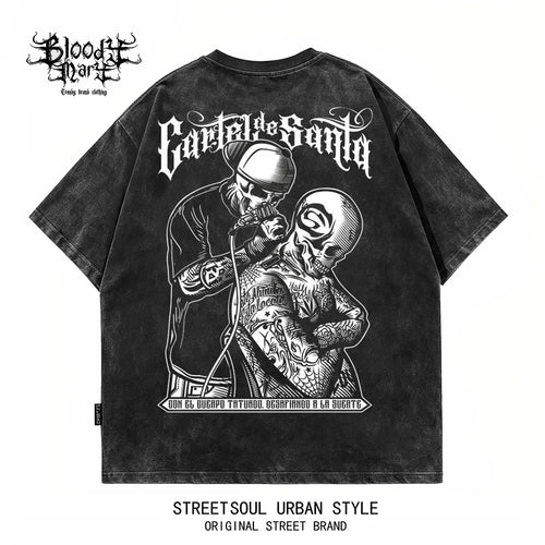 American hip-hop style skeleton tattoo artist floral print short sleeved T-shirt for men and women loose cotton Chicano street