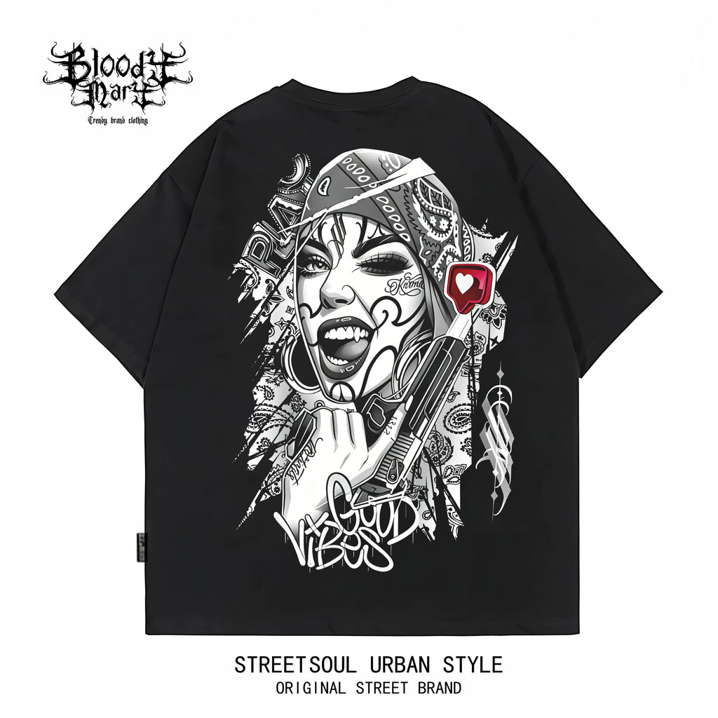 Original Trendy American West Coast Flower Font Hip Hop Black Printed Short sleeved T-shirt for Men, Loose Cotton, Rock
