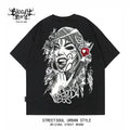 Original Trendy American West Coast Flower Font Hip Hop Black Printed Short sleeved T-shirt for Men, Loose Cotton, Rock