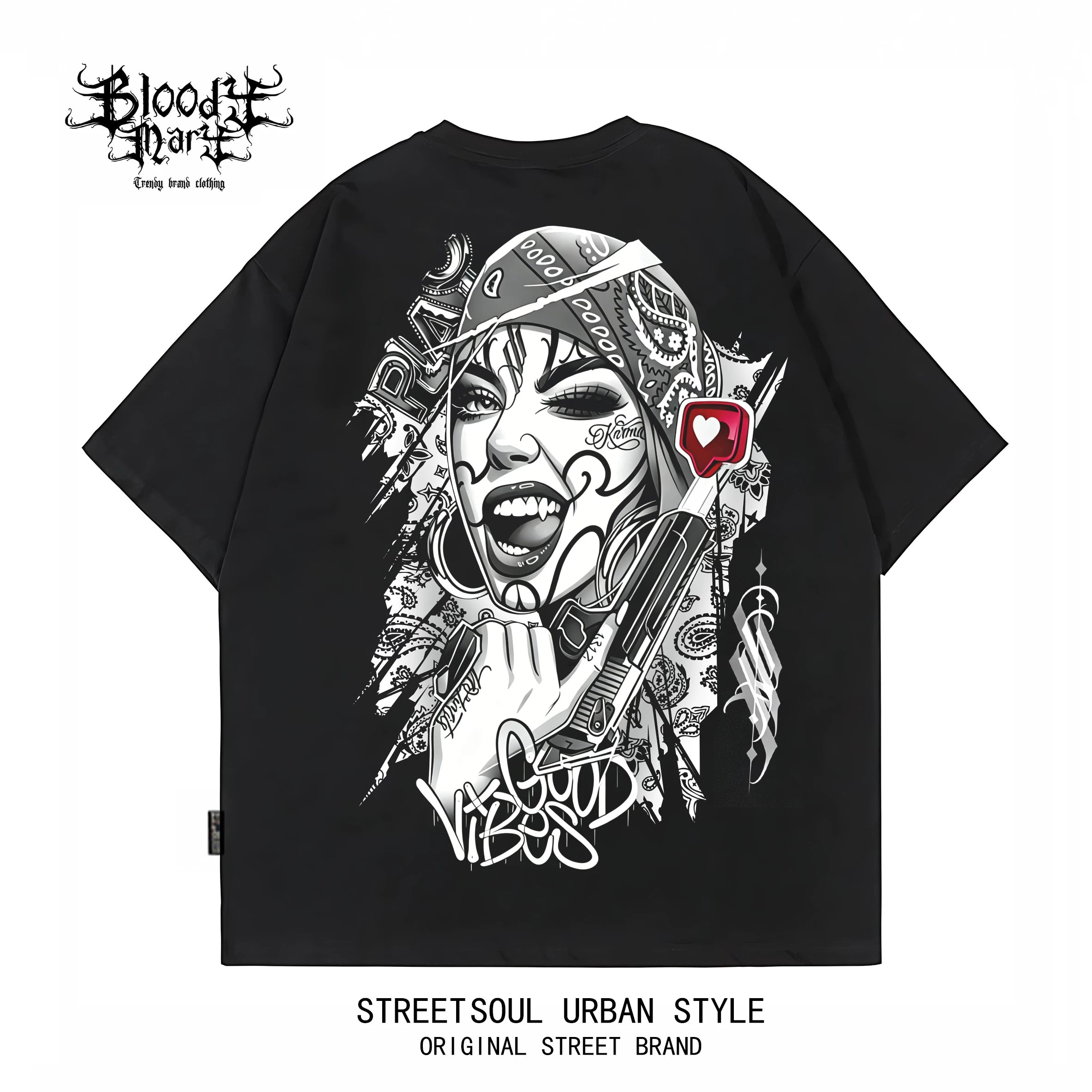 Original Trendy American West Coast Flower Font Hip Hop Black Printed Short sleeved T-shirt for Men, Loose Cotton, Rock