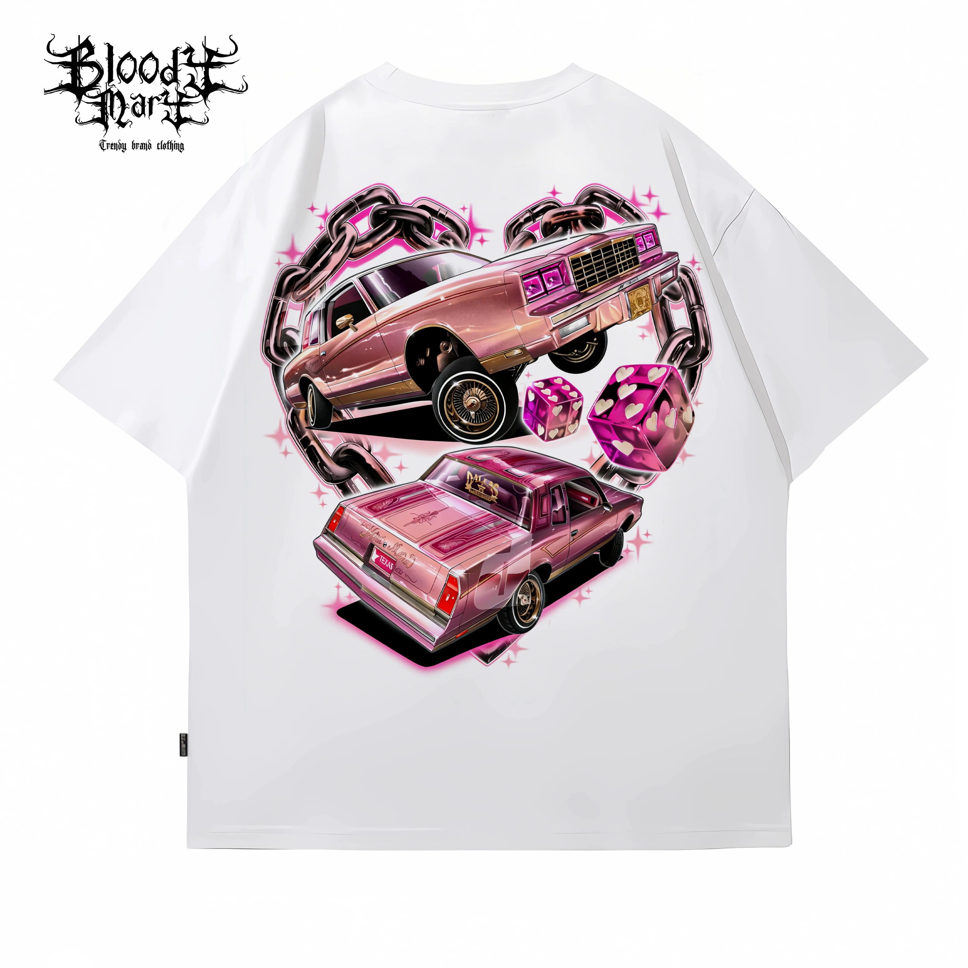 American style graffiti style Chicano car printed short sleeved T-shirt for men and women, loose black heavyweight pure cotton top