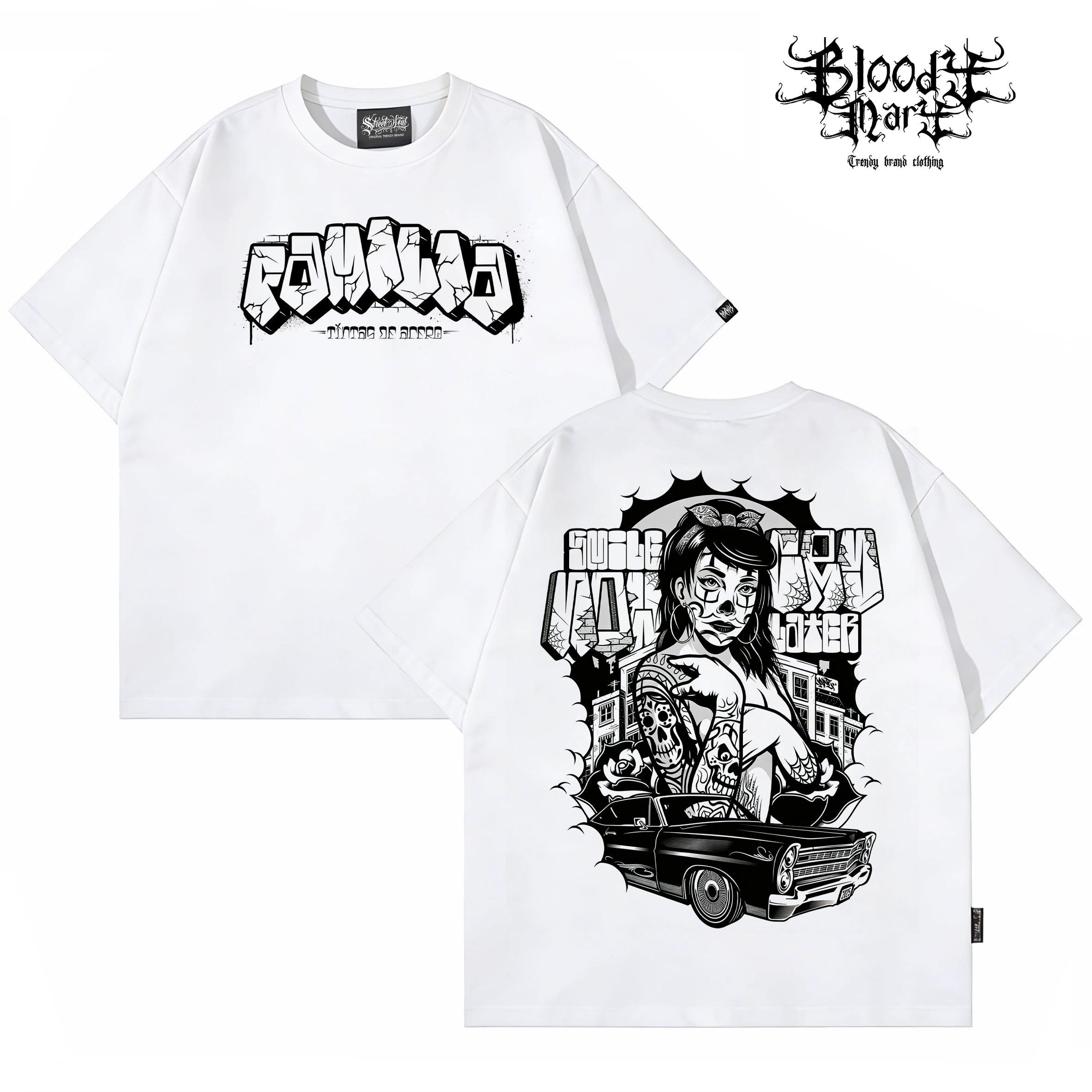 American Hip Hop Chicano Graffiti Flower Font Black Short Sleeve T-shirt Loose Heavy Cotton Rock Versatile Trendy Brand