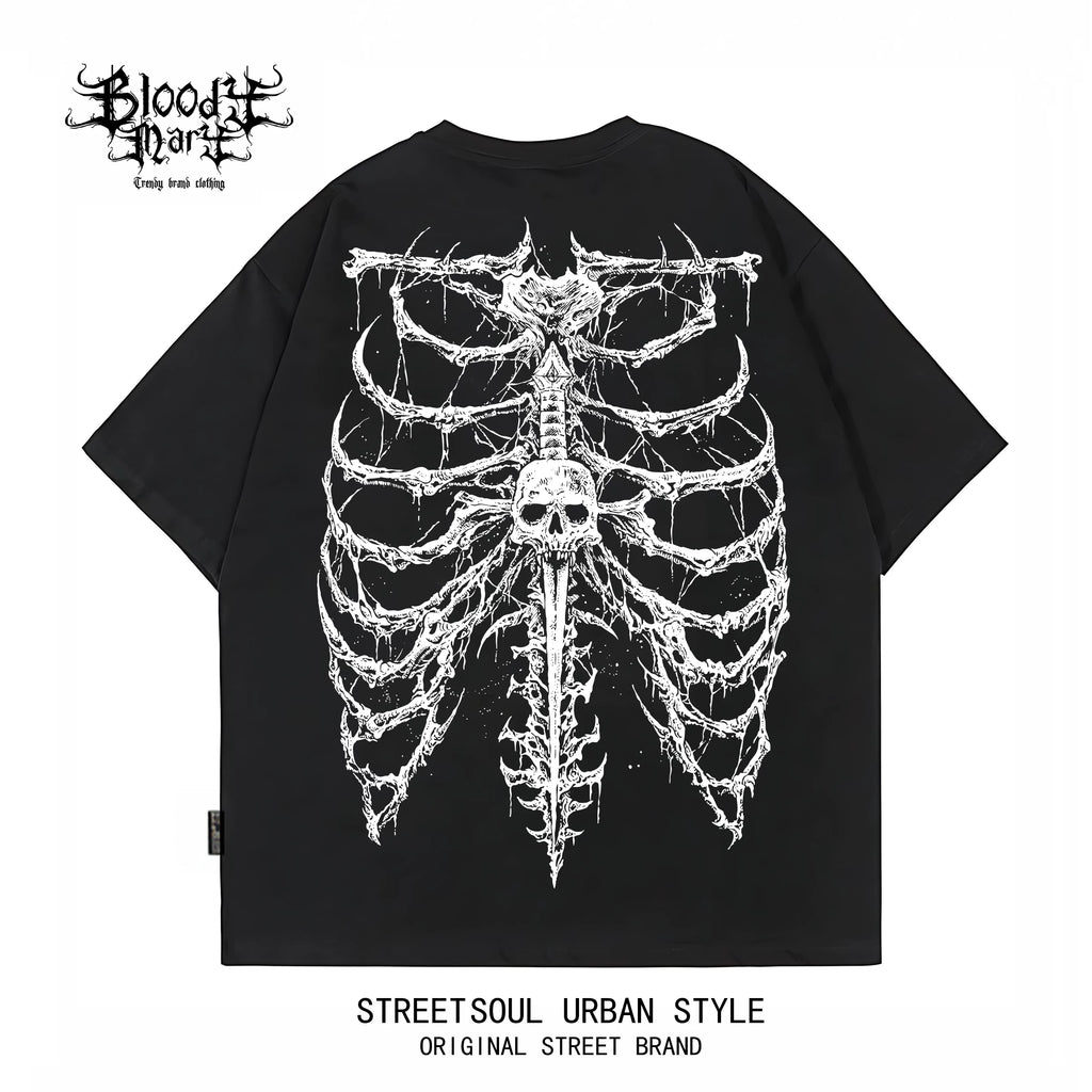Trendy brand dark high street skeleton printed short sleeved T-shirt for men and women, black pure cotton Gothic style top, street style