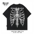 Trendy brand dark high street skeleton printed short sleeved T-shirt for men and women, black pure cotton Gothic style top, street style