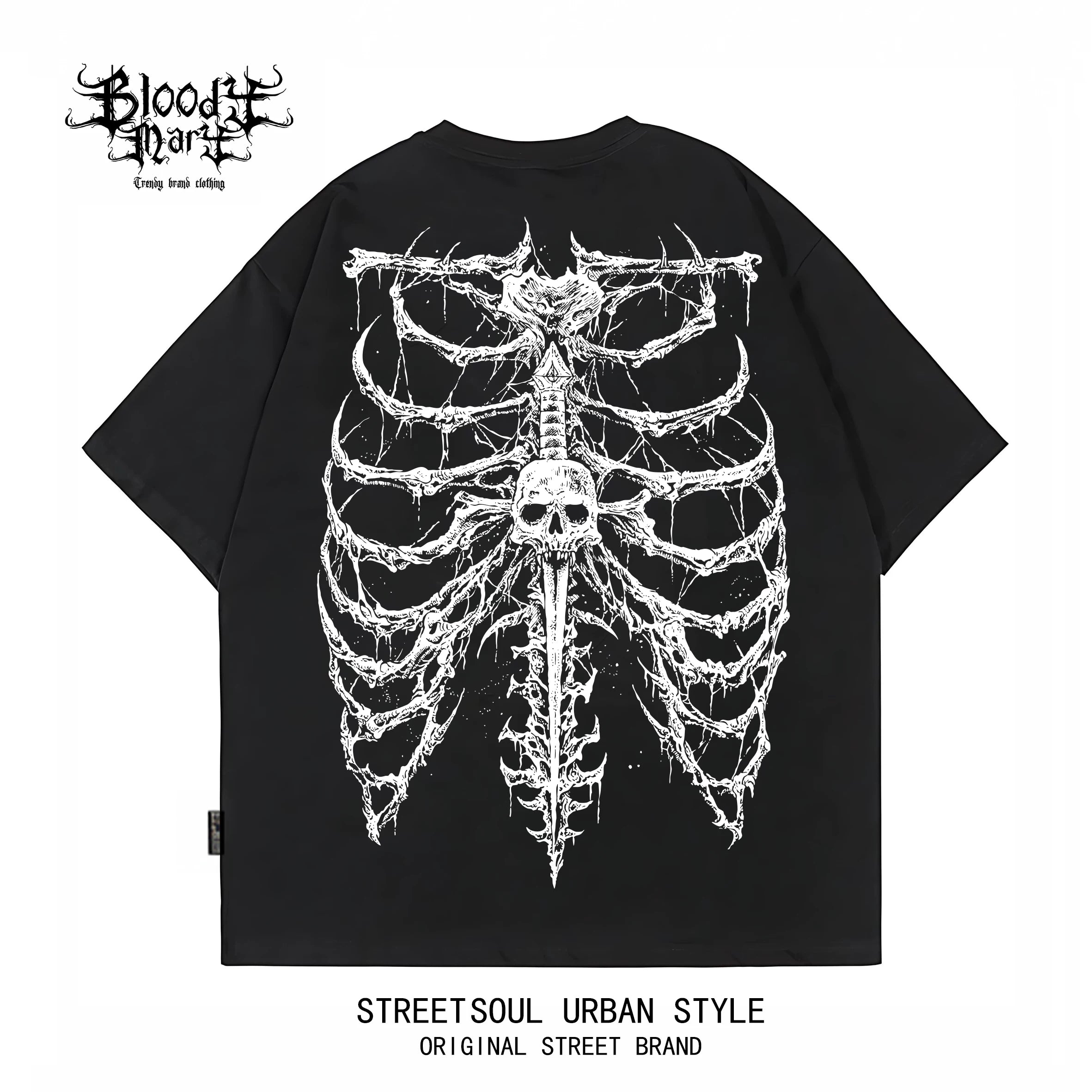 Trendy brand dark high street skeleton printed short sleeved T-shirt for men and women, black pure cotton Gothic style top, street style
