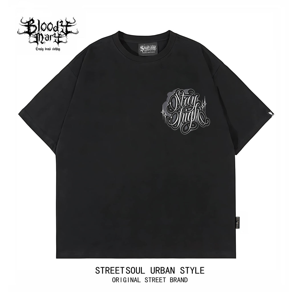 American street dark style floral font West Coast short sleeved T-shirt for men, loose and heavyweight, niche trendy printed top