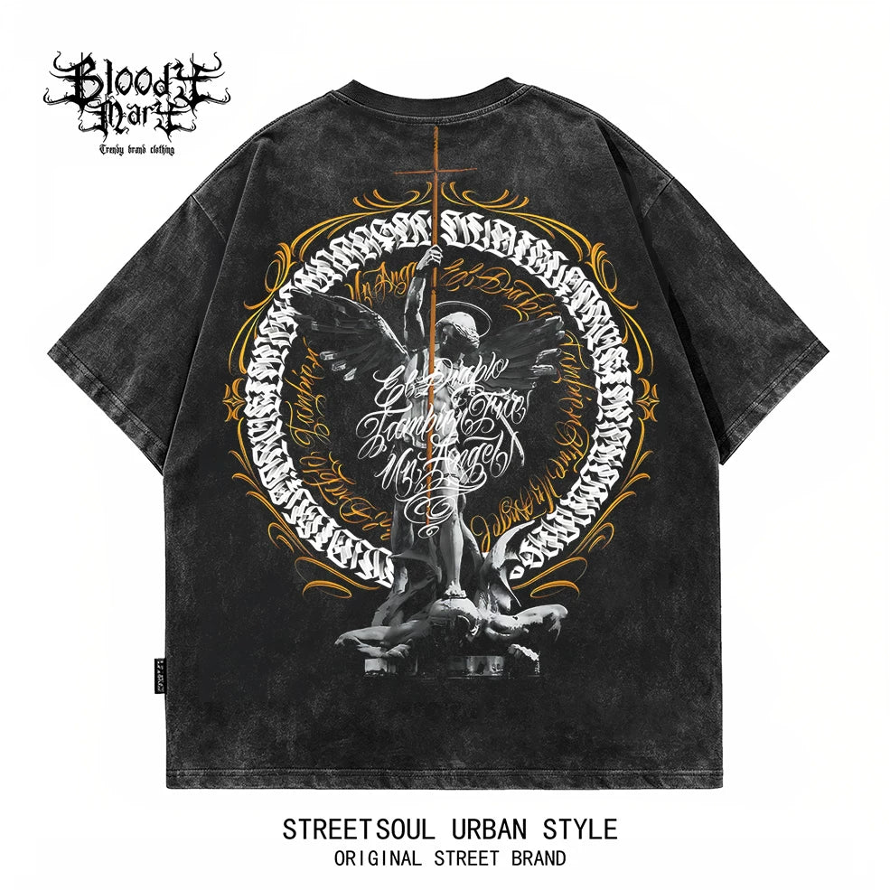 American hip-hop West Coast floral font black short sleeved T-shirt men's dark style print heavyweight pure cotton loose trendy brand