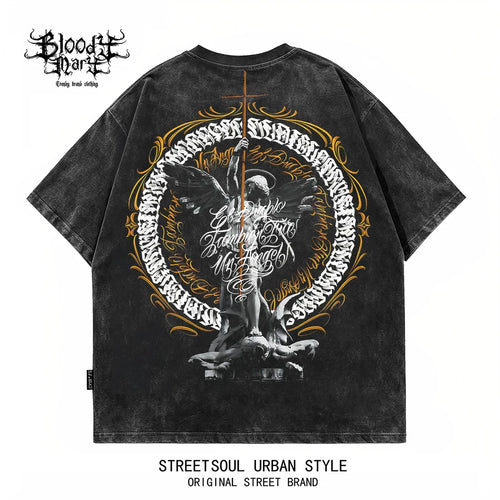 American hip-hop West Coast floral font black short sleeved T-shirt men's dark style print heavyweight pure cotton loose trendy brand