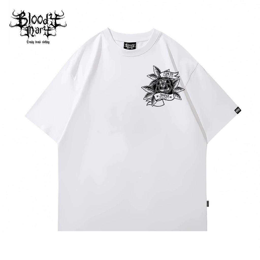 American retro street flower font short sleeved men's and women's loose cotton heavyweight niche hip-hop tattoo artist T-shirt dark