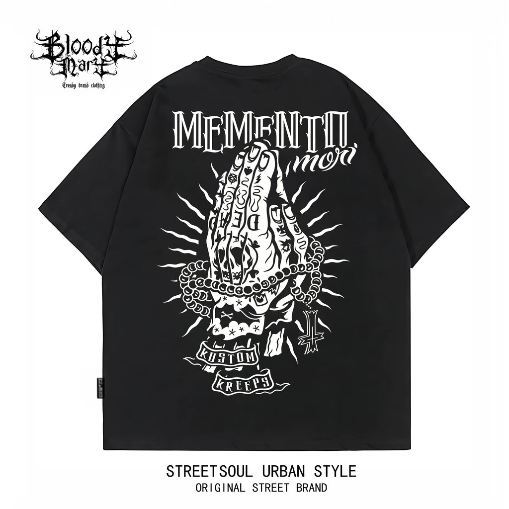 Chicano Black Short sleeved T-shirt with American Trendy Brand, Men's Printed Heavy duty Cotton Loose Top, West Coast Floral Font