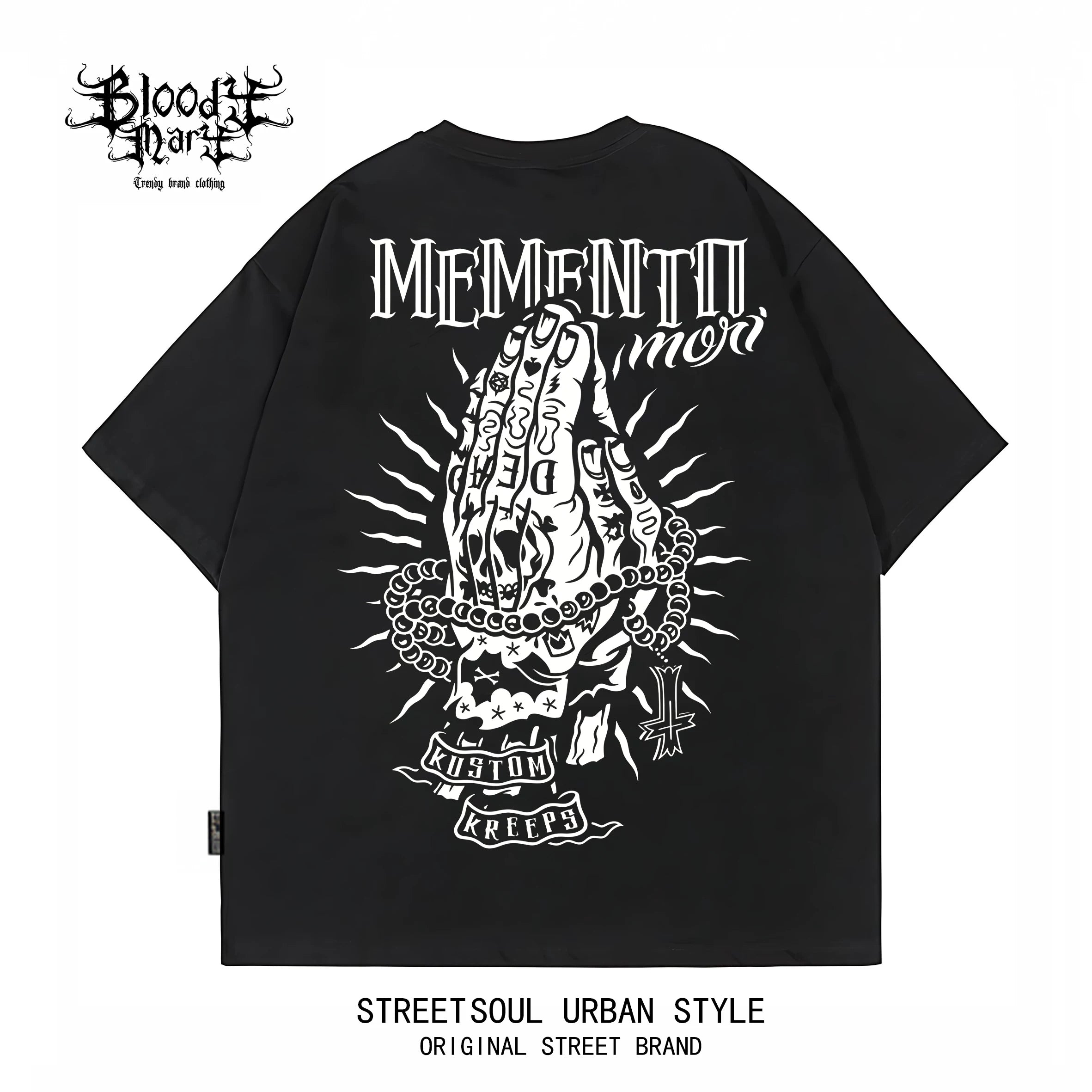 Chicano Black Short sleeved T-shirt with American Trendy Brand, Men's Printed Heavy duty Cotton Loose Top, West Coast Floral Font