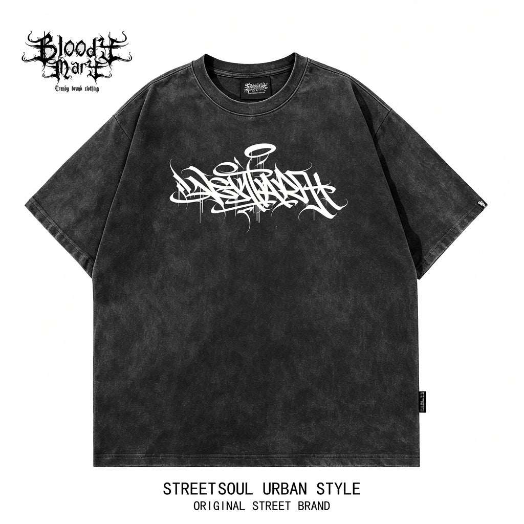 American street dark style printed short sleeved T-shirt for men, loose and heavyweight, niche trendy brand, vintage top, rugged and handsome, shoulder down