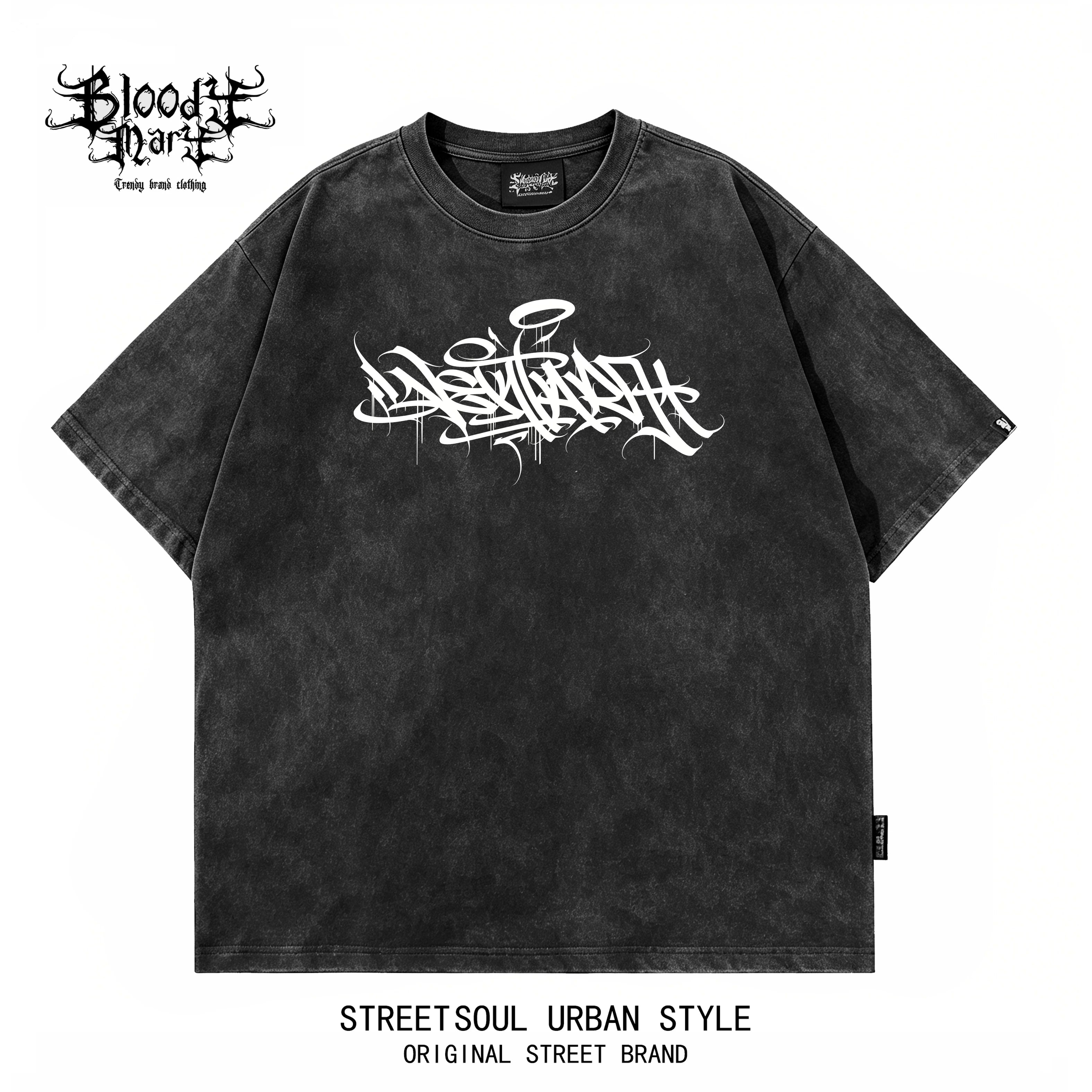 American street dark style printed short sleeved T-shirt for men, loose and heavyweight, niche trendy brand, vintage top, rugged and handsome, shoulder down