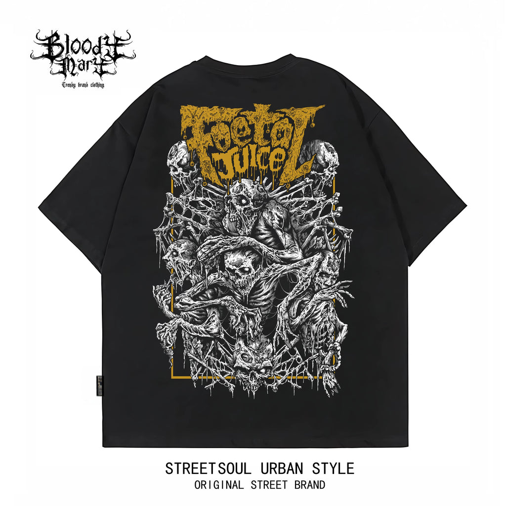 Original American hip-hop style skull print short sleeved T-shirt for men and women, loose and heavy weight, pure cotton rock, street black