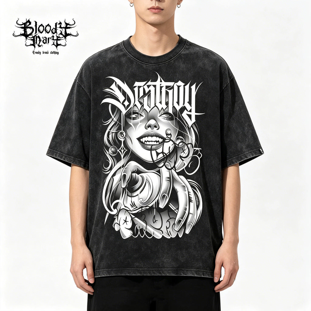 Trendy American West Coast retro anime printed short sleeved T-shirt for men and women, washed and worn loose street style top