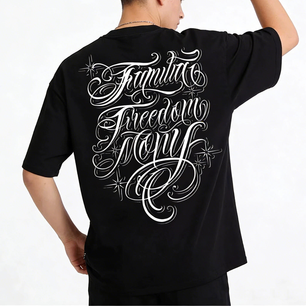 American hip-hop style floral font short sleeved T-shirt with loose shoulder sleeves for men and women, pure cotton trendy brand black tattoo artist top