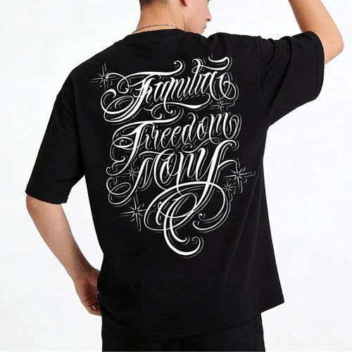American hip-hop style floral font short sleeved T-shirt with loose shoulder sleeves for men and women, pure cotton trendy brand black tattoo artist top