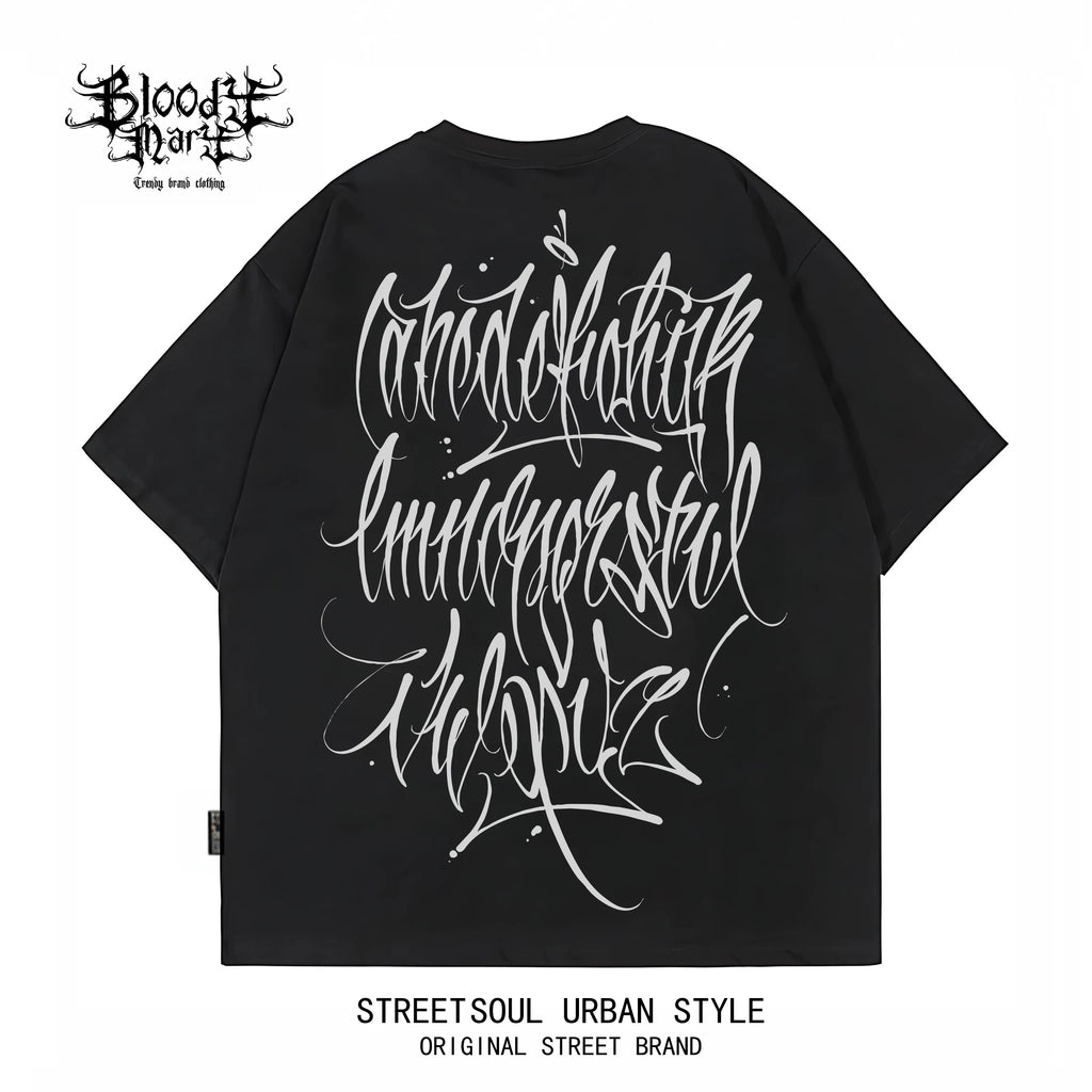 American Trendy Brand Flower Font West Coast Hip Hop Black Short sleeved T-shirt Loose Cotton Heavy duty Letter Printed Trendy Brand